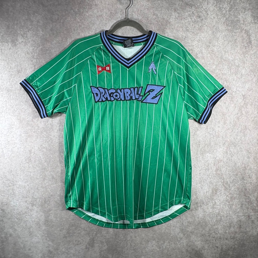 Dragon Ball Z BoxLunch Jersey Mens M Green Perfect Cell Pinstripe Baseball Shirt
